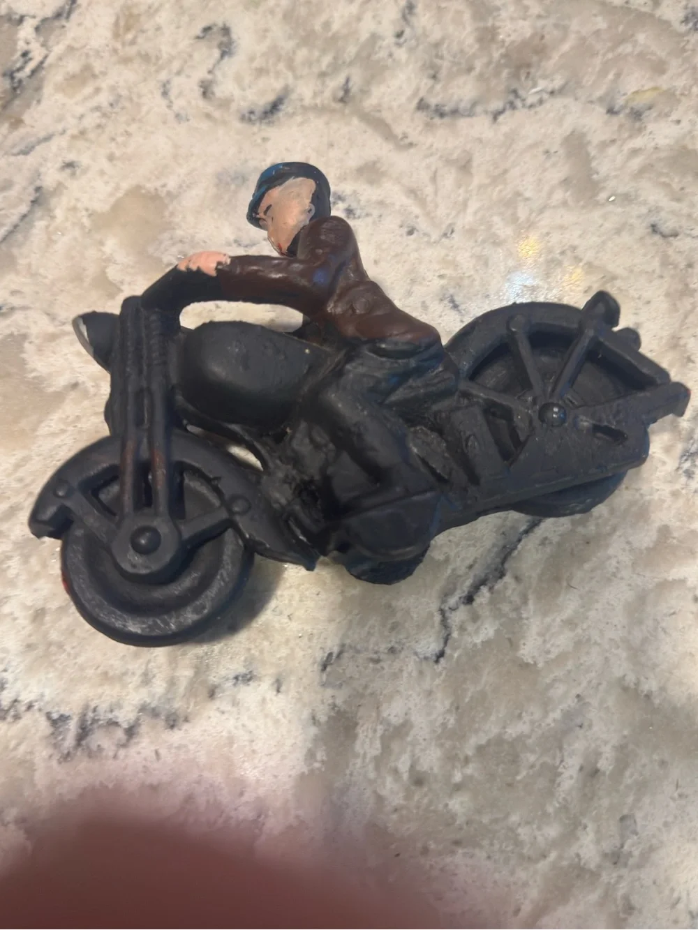 Vintage Cast Iron Motorcyclist Figurine - Black & Brown with Blue Cap 6 inches